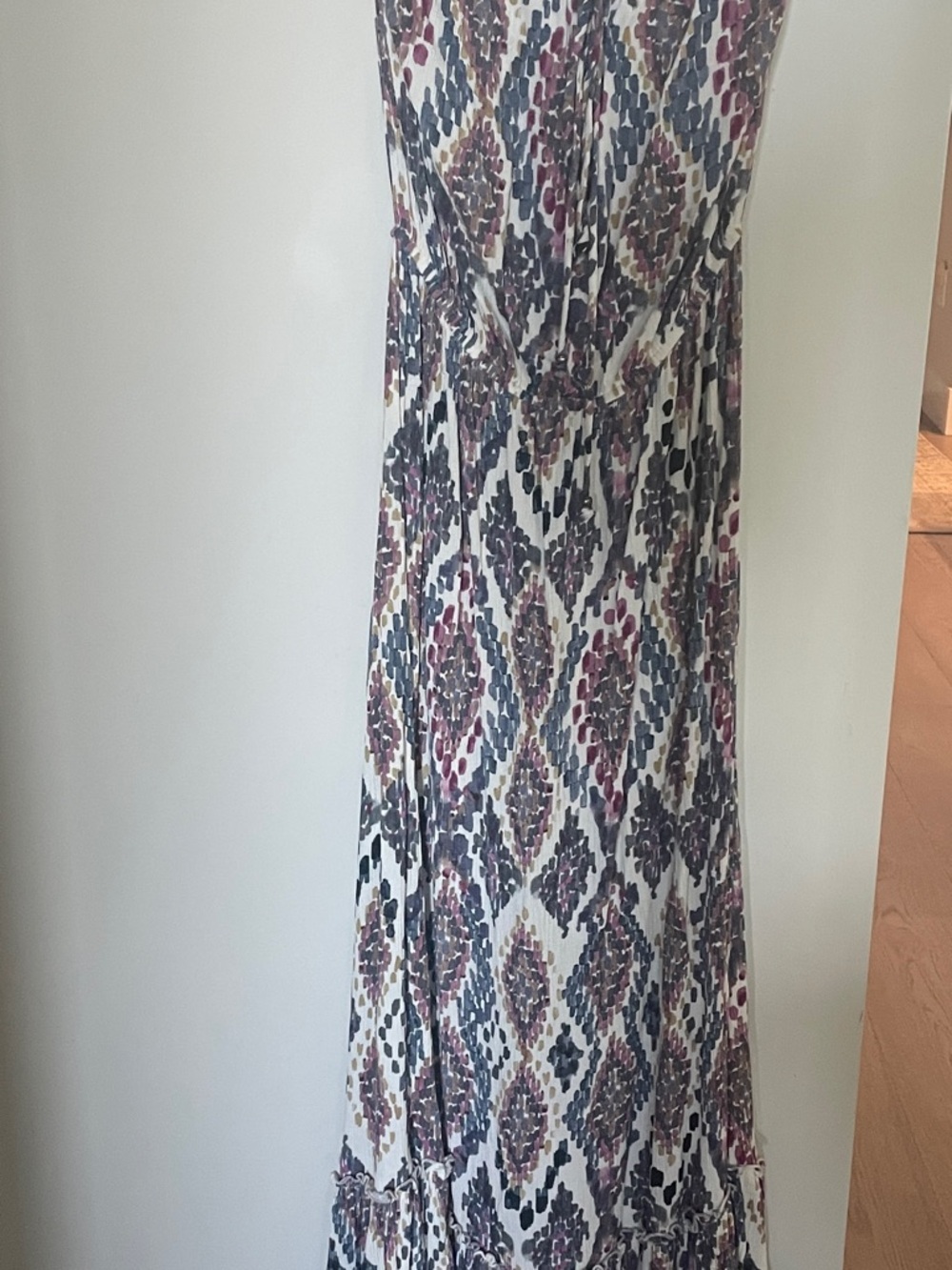 Strapless Lovestich White Maxi Dress with Purple & Navy Diamond Print